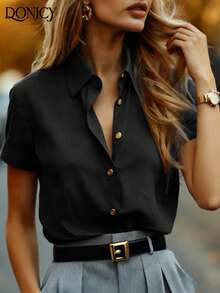 DONICY Light Blue Short Sleeve Blouse For Women, Satin Fabric, Gold Button Collar, Versatile For Office & Casual Wear - Black - View 5