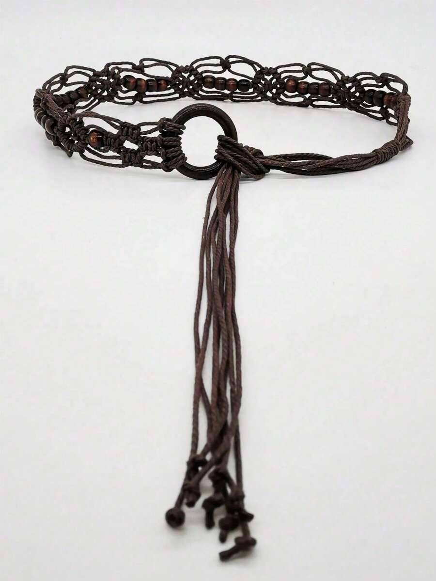 1 pieza Cinturón de tejido de poliéster con patrón de rombos hueco, adecuado para todas las estaciones, especialmente para el verano - Multicolor - Ver 1