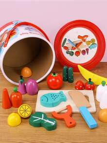 Wooden Simulation Fruit & Veggie Cutting Toy Set, Kids Pretend Play Kitchen Role Play, Object Cognition Educational Kit - Multicolor - View 5