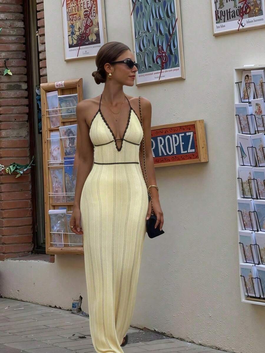 Women's Spring/Summer New Minimalist Elegant Vacation Street Style Romantic Halter Knit Dress