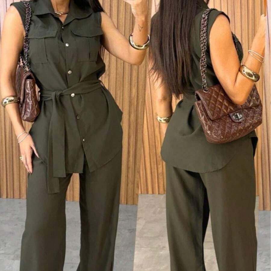 Women's Set Consisting Of Pants And Vest With Tie Closure. Autumn/Winter. - 墨綠色 - 查看 1