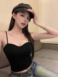 女士休闲简约吊带背心，夏季新款，带胸垫，修身款，黑色 - 黑色 - 查看 6