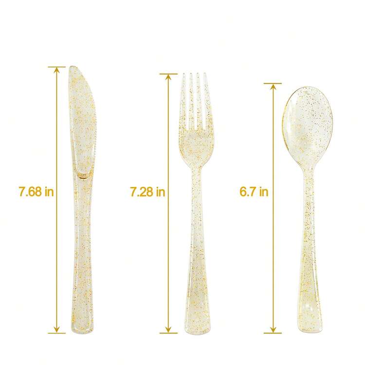 一套闪亮金色可重复使用沙拉餐具（刀、叉、勺），适用于派对、户外活动、家庭聚会、婚礼、节日、蛋糕和沙拉等场合。 - 金粉 - 查看 6