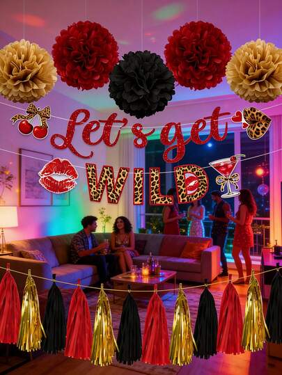 24件套狂野豹纹派对装饰套装，红黑金纸流苏花环，配唇印和鸡尾酒剪影闪光横幅，适合单身派对、生日派对、西部主题派对