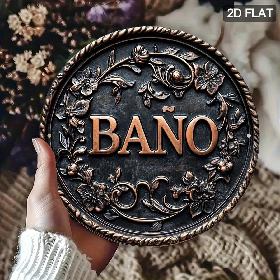 2D Flat - Vintage Spanish "BAÑO" Metal Toilet Sign - 7.8x7.8 Inch Floral Wall Art With Elegant Frame, Rustic Bathroom Decor, No Electricity Needed, Ideal Home And Bathroom Gift, Bathroom Decor And Accessories, Perfect Room Decoration (Hole Positions Random) - A - View 1