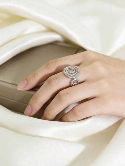 1pc 24K Gold Plated Copper Fully Paved Diamond Spiral Open Ring, Versatile Commute Luxury Style Band, Unique High-End Birthday Gift For Girlfriend