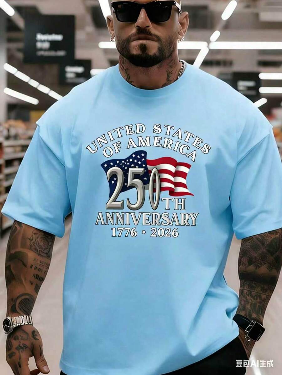 Men's 250th Anniversary Commemorative Graphic Short Sleeve T-Shirt, Soft Breathable Fabric Loose Fit Casual Tee, 180g Fashion Tops -4th Of July - 藍色 - 查看 1