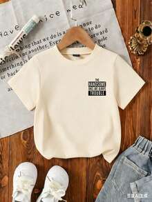 Áo thun ngắn tay cổ tròn in họa tiết phong cách thường ngày cho bé trai, thích hợp mặc mùa hè. - Màu be - Xem 5