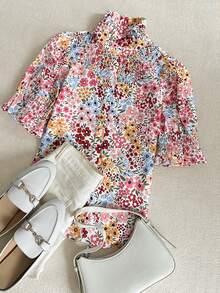 Women's Spring/Summer Vacation Style Short Sleeve Flare Sleeve Shirt, With Ruffle Hem, Button Front, Printed Pattern - Multicolor - View 5
