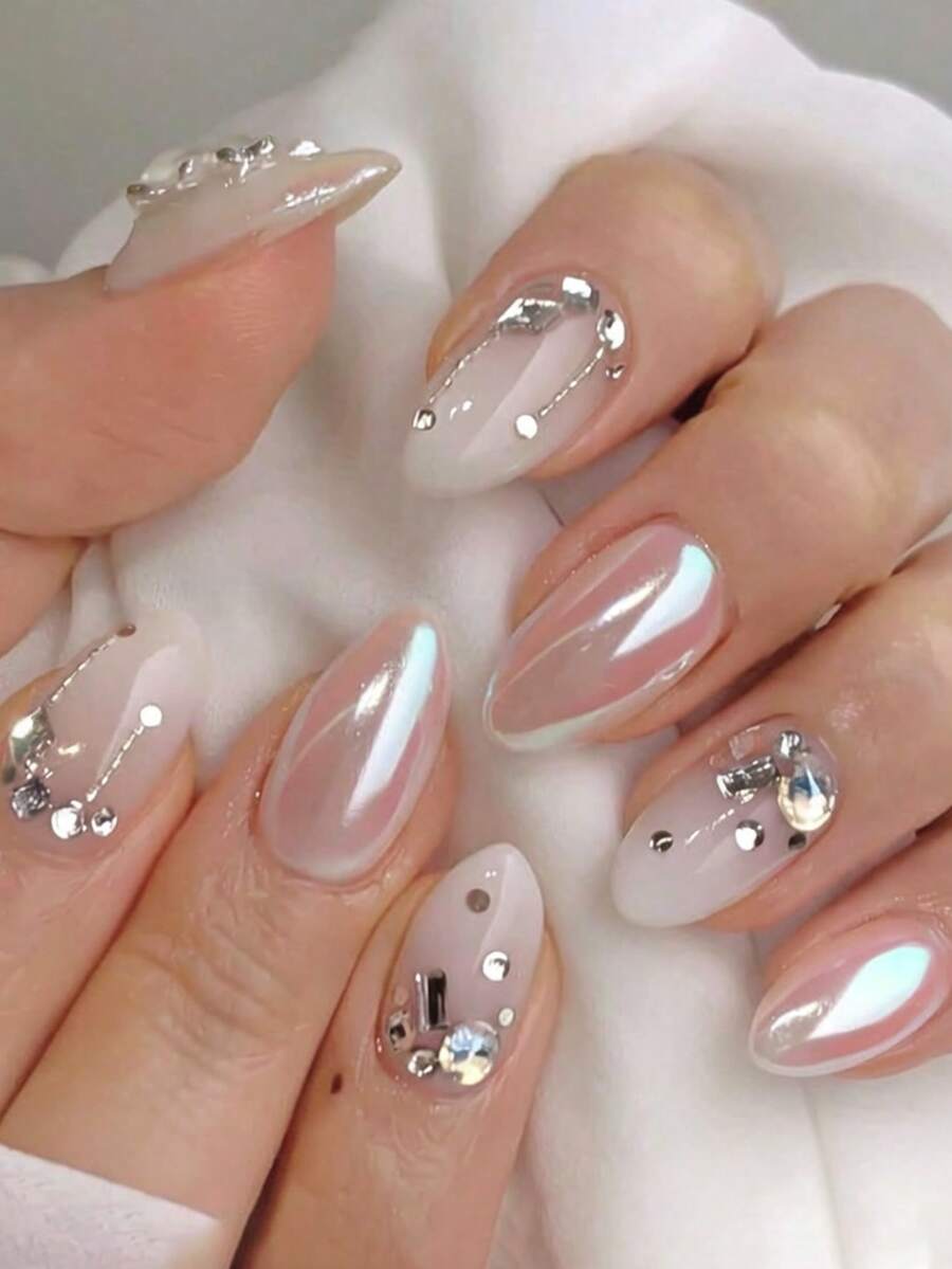 Instantly Elevate Your Look With This 24-Piece Set Of Vintage Street Business Simple Casual Elegant Everyday Minimalist Nordic Style Classic Sexy Sweet Rhinestone Decorated White Gradient Aurora Pink Short Almond-Shaped Nail Patches. Perfect For Girls And Women Who Love Minimalism For Daily Life And Shopping. Press On Nails - Pink - View 1