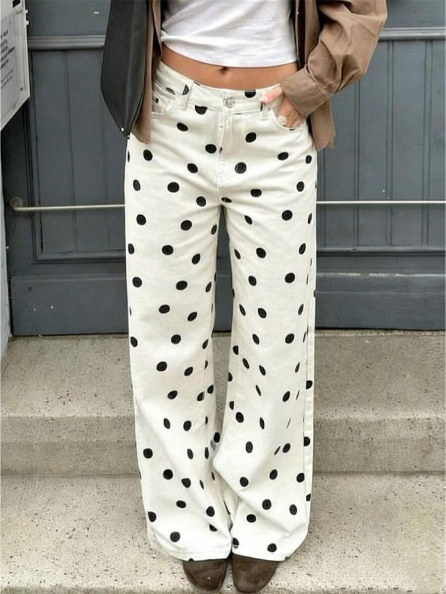 Polka Dot Jeans Women Y2K Print High Waisted Wide Leg Denim Pants Vintage Stretchy Boyfriend Jeans 90s Streetwear - 白色 - 查看 1