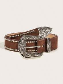 1pc Women's New Black Bull Street PU (Polyurethane) Waist Belt, Handmade Orange Embossed PU Outerwear Dress, Versatile Western Style Suitable For Daily Use - 布朗 2 - 查看 5