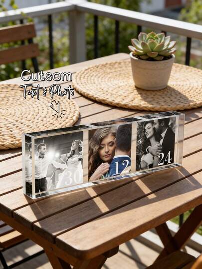 1pc Customized Acrylic Wedding Anniversary Plaque, Personalized With 3 Photos, Names And Date, Thick Transparent Acrylic Photo Frame With UV Printing, Romantic Couple Gift For Wedding, Anniversary, Valentine's Day, Bridal Shower, Home Decor
