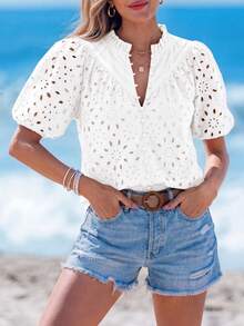 Women's Summer Clothes Tops Fashion Casual Short Sleeve V Neck Buttons Hollow Eyelet Lace Embroidered Blouses Shirts Festival  Beach Vacation White Outfits Women Tops For Women - 白色 - 查看 3