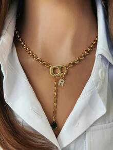 1pc Women's Pendant Necklace With 26 Alphabet Charms, Smooth Oval Clasp, Detachable Clasp, Green Pendant. Minimalist Elegant Design, Suitable For Daily Wear And Casual Occasions. Flatters Neckline, Great Value Gift For Daily Wear. - Gold - View 17