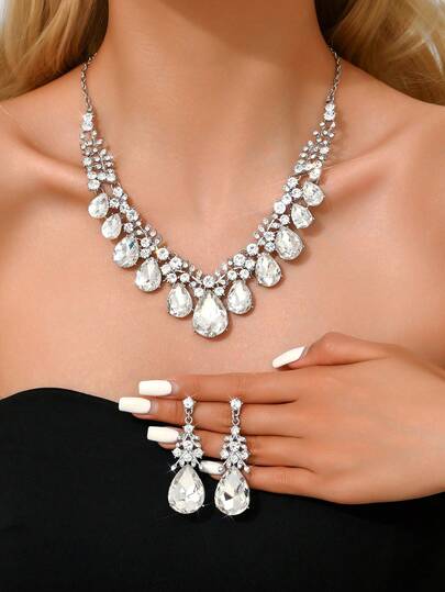 女士首饰套装：项链、耳环（3 件套），优雅水晶水钻新娘婚礼派对配饰，奢华闪耀（多种颜色可选）