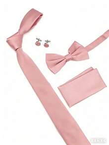 Bộ 5 món phụ kiện cho phù rể bao gồm cà vạt, nơ, khăn cài túi áo, khuy măng sét, màu hồng nhạt, phụ kiện vest cưới. - Bụi hồng - Xem 3