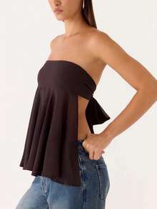 Stylish, sophisticated women's strapless top in solid-color tulle with a semi-sheer back-perfect for vacations and everyday wear. Summer clothing. - Marrón oscuro - Ver 2