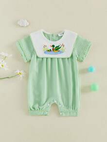 Baby Girl Summer Jumpsuit Short Sleeve Round Neck Duck Embroidery Stripe Romper For Outdoor Daily Wear - 綠色 - 查看 6