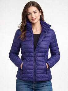 Leichte, gesteppte Damenjacke, Stehkragen, gesteppt, mit synthetischer Daunenfüllung, leicht tailliert, Reißverschluss, 2 Taschen, hüftlang, lässig, Frühling/Herbst - Blau - Übersicht 1