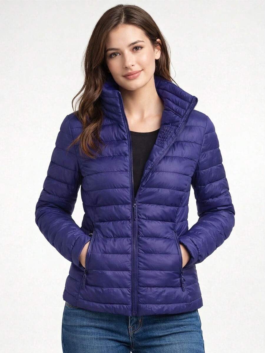 Leichte, gesteppte Damenjacke, Stehkragen, gesteppt, mit synthetischer Daunenfüllung, leicht tailliert, Reißverschluss, 2 Taschen, hüftlang, lässig, Frühling/Herbst - Blau - Übersicht 1