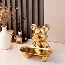 1pc Abstract Ceramic Electroplated Bear Sculpture With Tray Storage Organizer, Key And Cosmetic Storage Plate, Decorative Statue With Coin Bank And Bookshelf. Best Gifts Birthday Graduation - Gold - View 8