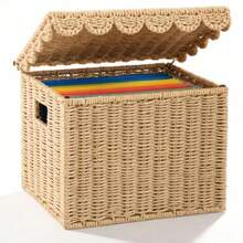 Caja de almacenamiento de archivos de cuerda de papel con tapa festoneada plegable tamaño carta organizador para colgar en la oficina y el hogar caja de almacenamiento de documentos - Beige - Ver 8