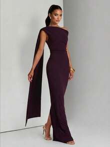 Elegant Asymmetric Neckline Knit Dress, Featuring Smooth Sleeveless Design, Graceful Ruched Details, And Long Pencil Skirt Hem. - Burgundy - View 1