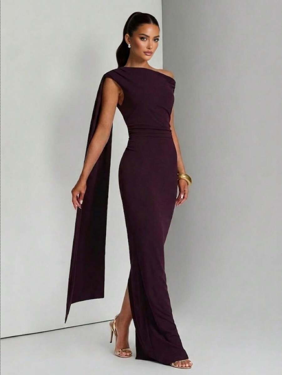 Elegant Asymmetric Neckline Knit Dress, Featuring Smooth Sleeveless Design, Graceful Ruched Details, And Long Pencil Skirt Hem. - Burgundy - View 1