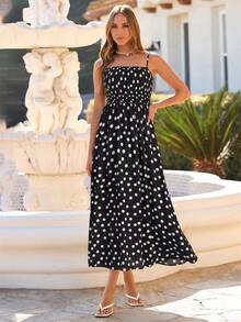 Women's Summer Boho Spaghetti Strap Smocked Flowy Beach Vacation Maxi Sundress - Black Background With White Dots - View 3