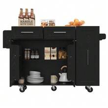 Modern Kitchen Island, Kitchen Cabinet, Sideboard, Dining Trolley With Wood Grain Finish, Multifunctional Dining Table With Storage Space, Dining Trolley With Snack Shelves And Extendable Cabinets, Black - Black - View 6