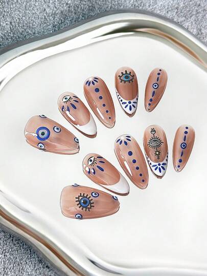 Móng giả kiểu Pháp tối giản hình hạnh nhân 26mm, làm thủ công, mặt móng trong suốt, màu nude, trắng, xanh dương, vẽ mắt thủ công, thanh lịch, đa năng, thời trang, sáng tạo, phù hợp cho tiệc tùng, ngoài trời, bãi biển, hàng ngày, kỳ nghỉ, tụ họp, công sở và các dịp đặc biệt - 10 cái/gói