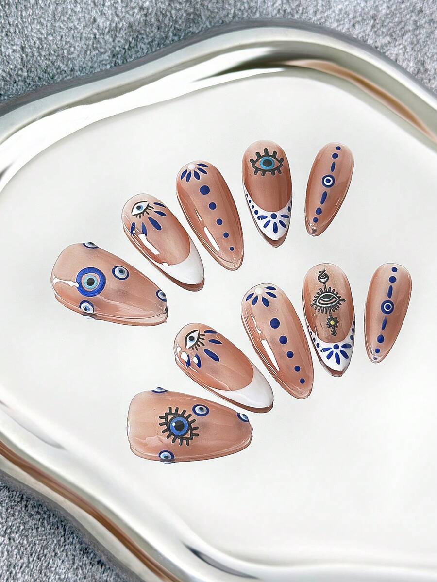 26mm French Minimalist Almond-Shaped Nail Tips, Handmade, Clear Nail Plates, Nude, White, Blue, Hand-Painted Eyes, Elegant, Versatile, Fashionable, Creative, Suitable For Party, Outdoor, Beach, Daily, Holiday, Gathering, Work And Special Occasions - 10pcs/Pack Press On Nails - Multicolor - View 1
