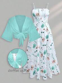 2 Pieces Women's Floral Chiffon Dress & Elegant Romantic Date Outfit Summer Spring - 薄荷藍 - 查看 2
