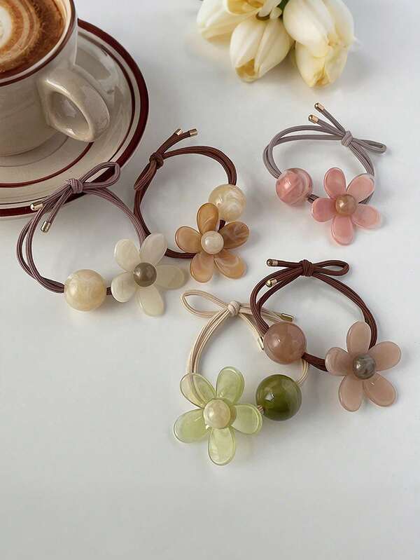 5pcs/Set New Fashionable Cute Floral Elastic Hair Ties, Women's Sweet Coffee Color Hair Scrunchies Hair Accessories, Great Gift (Slight Color Difference) Hair Ties, Hair Scrunchies, Hair Accessories, Hair Flowers, Hair Ties Head Accessories Rubber Bands Ponytail Holder