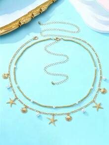 Conjunto de cinturón de doble capa con estrella de mar y concha de estilo bohemio - Cadena corporal con cuentas de perlas falsas - Cinturón ajustable - Multicolor - Ver 9