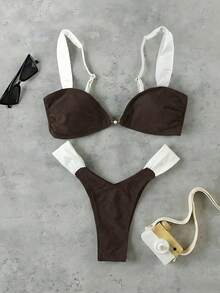 New Spring/Summer Women's Brown & White Contrast Ruched Sexy Elegant Beach Vacation Date Party Bikini Set - Multicolor - View 2