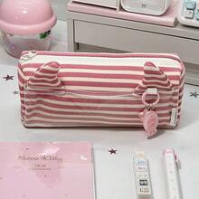 粉色条纹猫耳设计铅笔盒，大容量笔袋，学生拉链文具袋，适用于学校和办公室 - 粉紅色 - 查看 9