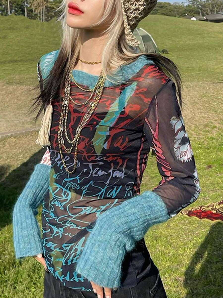 女士字母印花拼接面料长袖T恤休闲款 - 藍色 - 查看 1