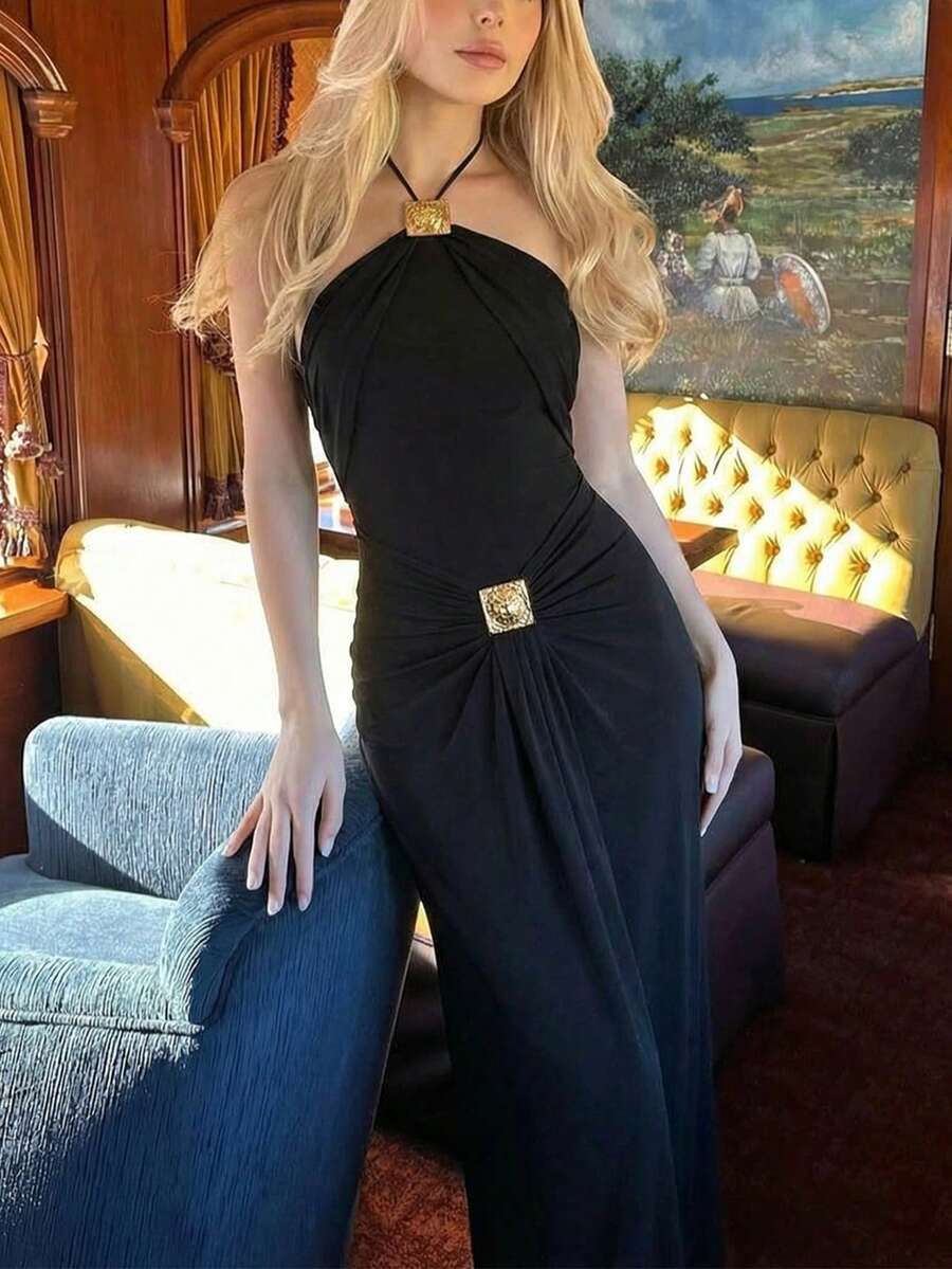 女款夏季綁帶掛脖露背抓皺拼接修身長洋裝，優雅性感派對裙，海灘俱樂部晚裝