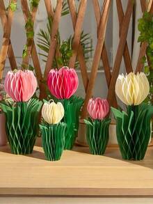 3pcs Tulip Flower Center Decorations, Paper Tulip Honeycomb Decor, Spring Home Decor, Pink & Yellow Flowers, Suitable For Office, Garden Party, Dining Table Center, Mother's Day, Spring Hanging Decor - Multicolor - View 6