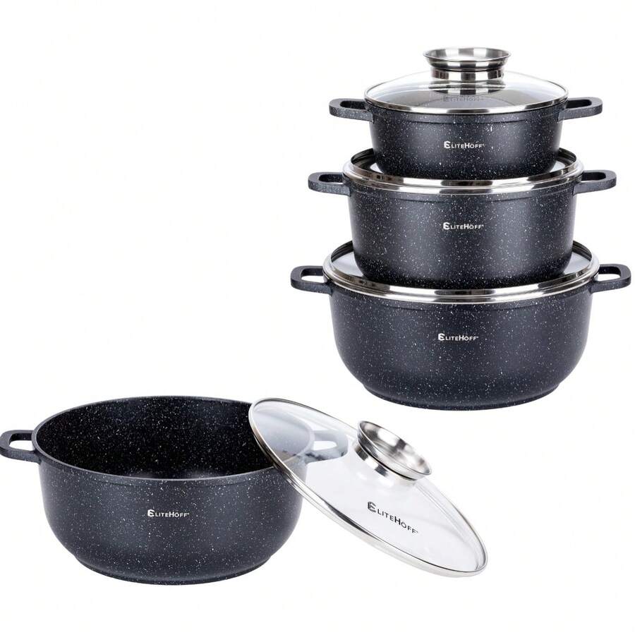 6-Piece Non-Stick Stone Cookware Set, Suitable For Induction And Gas Stoves, Scratch-Resistant Durable Kitchen Cooking Pots, With Lid Stew Pot, Kitchen Utensils, Black - View 1