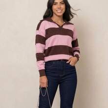 Women's Striped Polo Shirt For Winter - Hồng - Xem 3