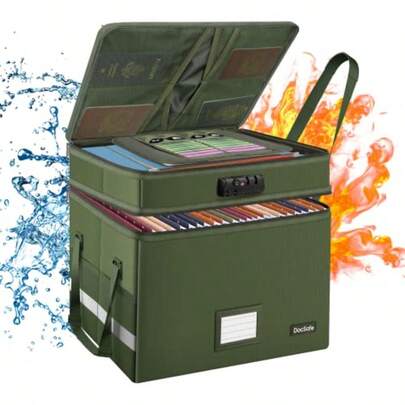DocSafe Caja de archivos con cerradura caja de documentos ignífuga de varias capas organizador de almacenamiento de archivos plegable con bolsillos/asa caja de archivo portátil grande para colgar cartas/carpetas de tamaño legal verde