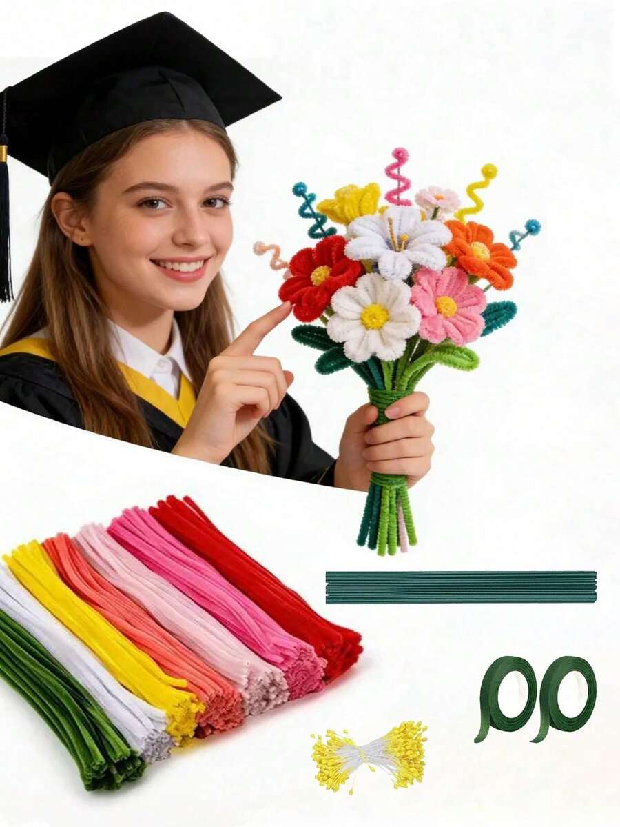 573件/423件清洁管工艺套装。适用于DIY花束制作、手工工艺品和礼品制作，以及生日、婚礼、毕业典礼、母亲节和其他场合。 - 彩色 - 查看 1