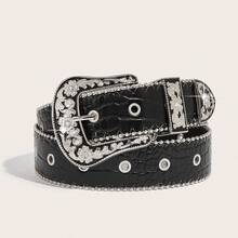 1pc Men's Star Eyelet Decor Western Cowboy Style Thick Belt, Suitable For Daily Wear - Black - View 7