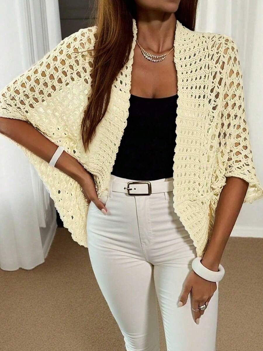 Áo khoác cardigan dệt kim tay cánh dơi khoét lỗ thời trang thường ngày dành cho nữ, thích hợp cho kỳ nghỉ xuân. - Màu vàng - Xem 1