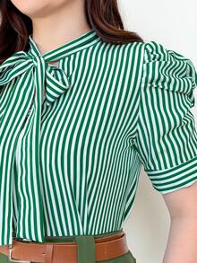 Short-Sleeved Striped Blouse With Puff Sleeves, Bow, And Button. - Green - View 3