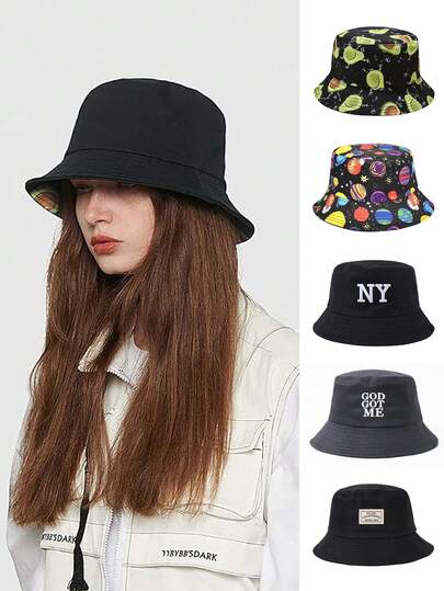 双面字母刺绣男女通用户外防晒沙滩渔夫帽，时尚男女青少年皆宜