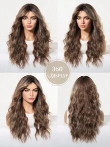 Tóc giả hai tông màu nâu điểm vàng dài 22 inch, kiểu sóng bồng bềnh, có mái rẽ, được làm bằng máy, làm từ chất liệu tổng hợp chịu nhiệt, trông tự nhiên, thích hợp để đội hàng ngày khi đi biển và dự tiệc. - màu nâu - Xem 7